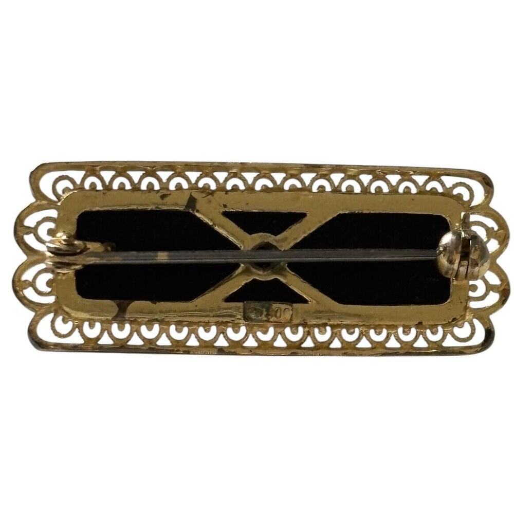 Antique 800 Sterling Silver Vermeil Filigree Onyx Mourning Bar Brooch Pin - Picture 2 of 10